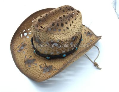 China 2021's Character Factory Supply Plain Dyed Pattern Gradient Color Unisex Fresh Western Paper Straw Cowboy Hats With Hole Beads Belt for sale