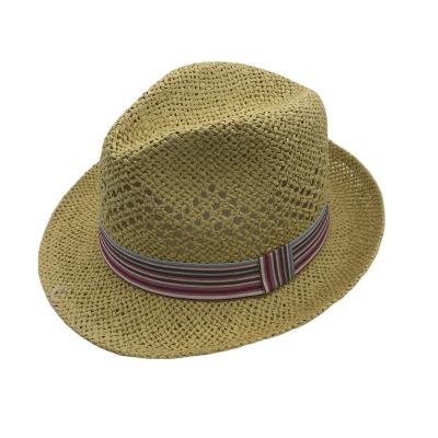 China New Character Design Factory Price Wholesale Customized Vellum Paper Straw Fedora Hats With Striped Ribbon for sale