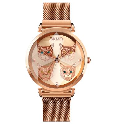 China Water Resistant Skmei Cat Dial Designer 1767 Watch For Ladies Stainless Steel Mesh Strap Gold Quartz Watch Girls Orologio for sale