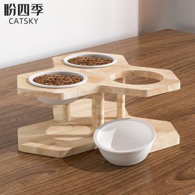 China Viable Factory Custom Solid Wooden Pet Cat Bowl Wooden Pet Dining Table Cat Double Bowl Feeder for sale