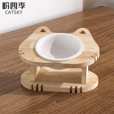 China Sustainable Wholesale Solid Raised Wooden Cat Rack Bowl Natural Solid Pet Feeder With Ceramic Bowls for sale