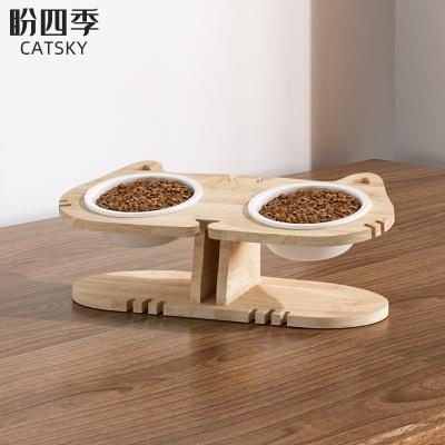 China Durable Pet Bowl Solid Wood Dining Table Strongly Protected Cervical Ddouble Bowl Cat and Dog Bowl for sale