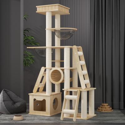 China Sustainable Indoor Wooden Cat Scratching Post Jumping Platform Cat Tree Sisal Multiple Pet Ladders Climbing Frame With Space Capsule for sale