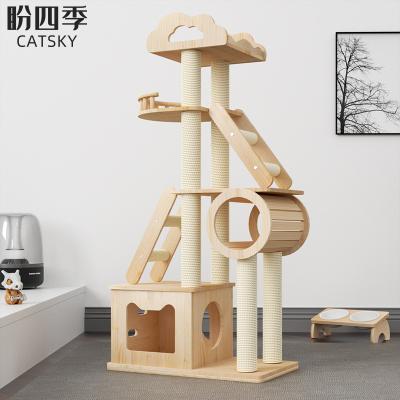 China Wholesale Sustainable Cat House Tower Indoor Climbing Multilevel Wooden Frame With Line Posts Pet Play House for sale