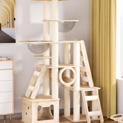 China Custom Made Luxury Cat Climbing Frame Toy Wooden Viable Over Layer Large Cat Scratching Tree Tower House for sale