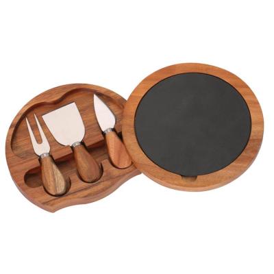 China Hot Selling Custom Made High Quality Sustainable Acacia Wood Black Slate Round Cheese Bamboo Board With Knife Set Wholesale for sale