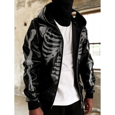 China BILLIONS leather jacket hoodie men's oversized QUICK DRY rhinestone skeleton black leather jacket for sale