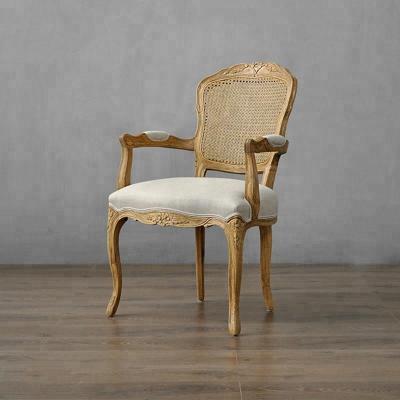 China Arm Furniture French Bistro Cafe Fabric Solid Wood Shabby Chic Modern Classic Dining Armchair Style Restaurant Rubber Wood Wooden Chair for sale