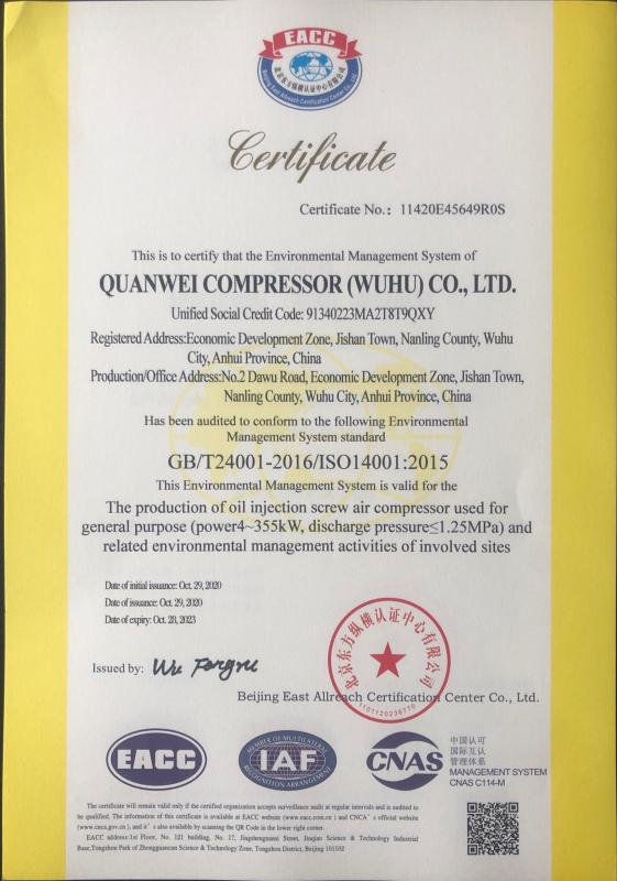 ISO14001 - Quanwei Compressor (Wuhu) Co., Ltd.