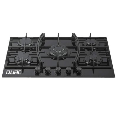 China Hot sale China Zhongshan hotel cooktop black glass hot sale panel 5burner 900mm gas hob for sale