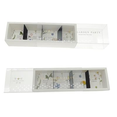 China Custom Recycled Materials Logo Drawer Box Macaron Pastry Box Toughen Paper Container Boxes With Clear PVC Window Sleeve for sale