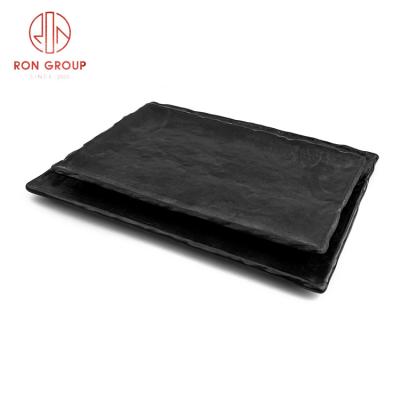 China Stocked Frosted Matte Black Slate Dinner Plate Rectangle Ceramic Dish For Restaurant for sale