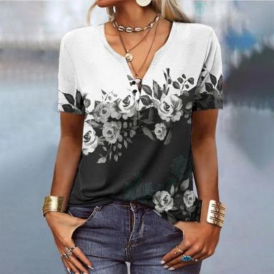 China New 2023 Wholesale Custom Women's Floral V-Neck Short Sleeve Bohemian T-shirt Anti-wrinkle Tops Ladies Casual Shirt USA T-shirt for sale