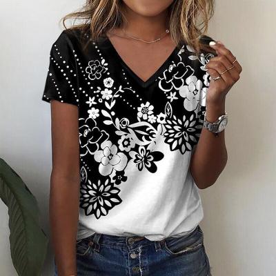 China New 2023 Custom Women's American Sleeve T-shirt Anti-wrinkle T-shirt Ladies Summer Floral V-neck Short Top Casual Shirt for sale