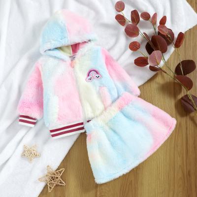 China Winter casual babies clothes girls set tie-dye jacket hooded coat full a line skirts outfit 2pcs rainbow clothes for sale