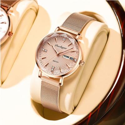 China Wholesale Cheap Poedaga Automatic Date Ladies Watch Luxury Leather Wrist Watch Diamond Women Quartz Watches Waterproof Reloj For Girls for sale