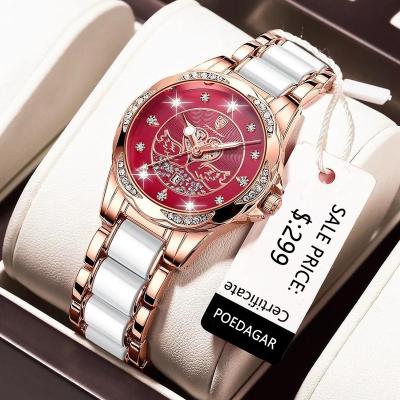 China Luxury Women Rose Gold Ceramics Steel Watch Full Calendar Poedagar Diamond Wristwatches Waterproof Quartz Luminous Watches for sale