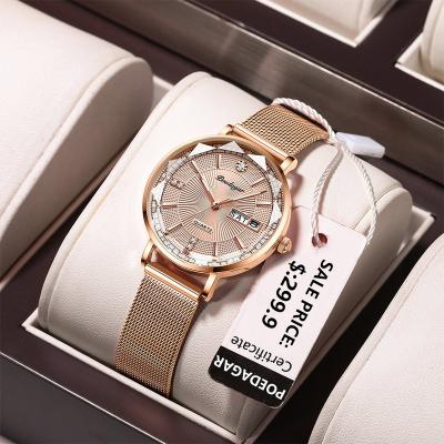 China Full Calendar Quartz Watches from Poedagar Diamond Ladies Watches Stainless Steel Mesh Luxury Watch Bands Waterproof Calendar for Women for sale