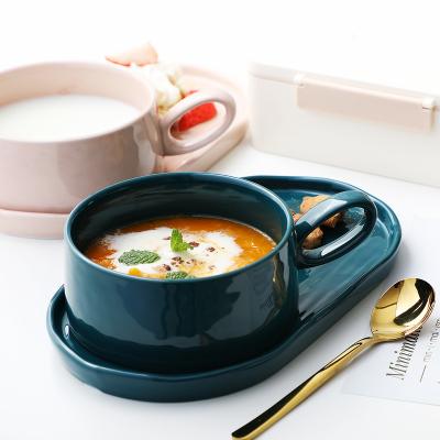 China Large Capacity Breakfast Milk Cereal Soup Cup And Sandwich Dish Viable Set Ceramic Simple Tableware Set for sale