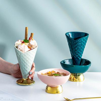 China The viable creative shaped ceramic cone ice cream cup with goiden base dessert bowl for sale