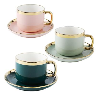 China Viable Gold Rim Luxury Ceramic Coffee Tea Cups and Saucers Sets Dark Green/Pink/Light Green for sale