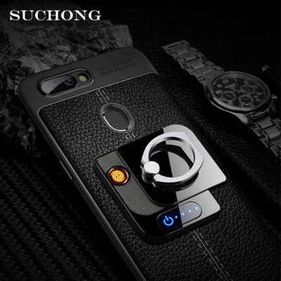 China Modern Electronic Novelty Smoking Luxury Windproof Phone Holder Case Mobile Phone USB Lighter Metal Fingerprint for sale