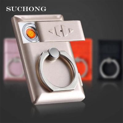 China New Arrival Modern Electronic Portable Metal USB Cell Phone Case Phone Holder Rechargeable Windproof Ring Holder Lighter For Smoking for sale