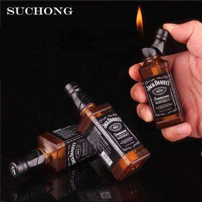 China Custom Gas Lighter Refill Bottle Lighter Copy Wine Bottle Open Flame GAS Refillable Single Personal Whiskey Lighter Wholesale With Windproof for sale