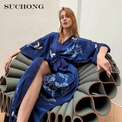 China 2022 Pine Crane Blue Elegant Sleepwear Satin Long Robes QUICK DRY Custom Salon Wear for sale