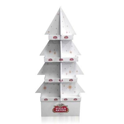 China 2021 Customized Supermarket Pop Up New Design Christmas Tree Shape Floor Cardboard Display Rack Christmas Merry for sale