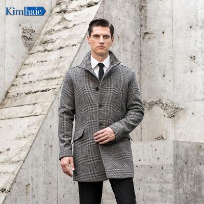 China Recycled woolen first choice men's charcoal welsh check recycled fashion long woolen coat wool outer trench coat for sale