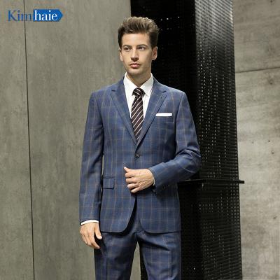 China High Quality Plus Size Mens Blue Check 2 Button Single Breasted Wool Suit for sale