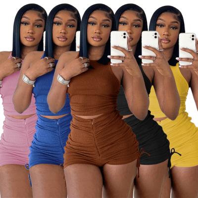 China 2022 New Arrival QUICK DRY Sports Solid Color Casual Vest and Shorts QUICK DRY Pleated Suit Summer 2 Piece Set Women Pants Two Piece Set for sale