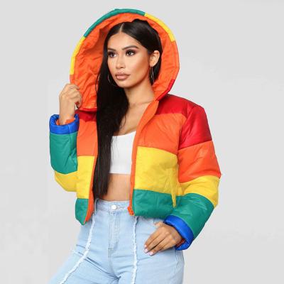 China Explosive Women's Breathable Breathable Short Rainbow Fashion Hooded Warm Coat for sale