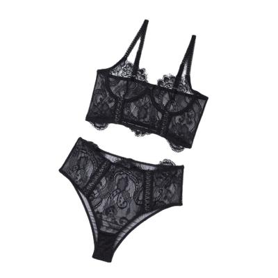 China Customerized new perspective spring lingerie set Customerized lace sexy eyelash lingerie stitching women for sale