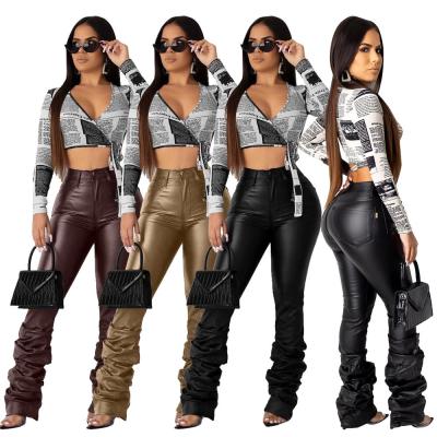 China 2021 New Arrival Fashionable Casual Ruffled Pile Pile Pants Solid Soft PU Leather Pile Pants for sale