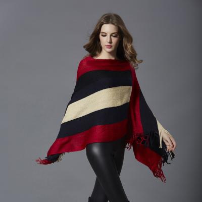 China Anti Wrinkle Stripe Color Blocking Irregular Batwing Sleeves Cape Shawl Coat With V-Neck Boho Knitted Women Polo Sweater Tassel Knitted Cotton for sale