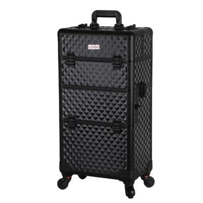 China Professional Fashion Quality Guarantee Large Fashion Diamond Pattern Space Makeup Trolley Case Makeup Box for sale