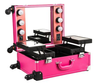 China Soft Light Panel Pink 6 LED Adjustable Shine Trolley Makeup Light Case With Universal Wheel for sale