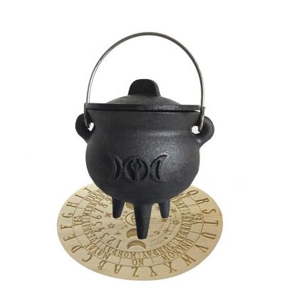 China Mini Viable Triple Moon Witches Cauldron with Magic Wooden Coaster Set for sale