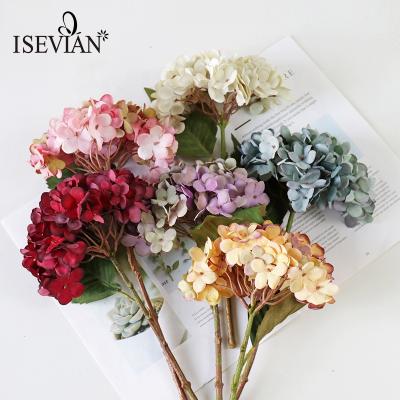 China ISEVIAN Single Stem Lasting Autumn Blush Color Hydrangea Artificial Flowers Silk Fabric Hydrangea for sale