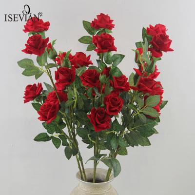 China ISEVIAN Wedding Large Red Velvet Rose and Velvet Rose 5 Main Flower for Wedding and Artificial Flower for Home Decor for sale