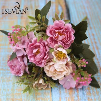 China Durable Quality Beautiful Rose Flower Decor Small Artificial Rose Bush Mini Rose Flower Bush Made of ISEVIAN Silk for sale