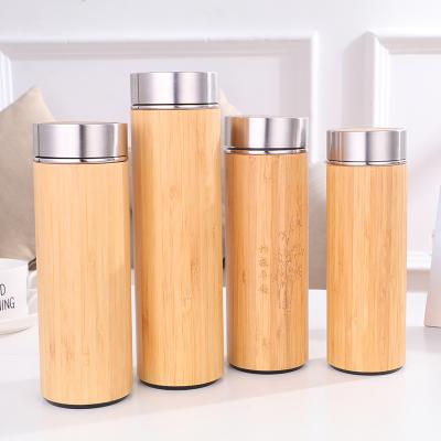 China Durable Double Wall Stainless Steel Insulated Tall Skinny Flask Mug Vacuum Bamboo Thermos Bottle With Tea Infuser Keeping Cold And Hot for sale