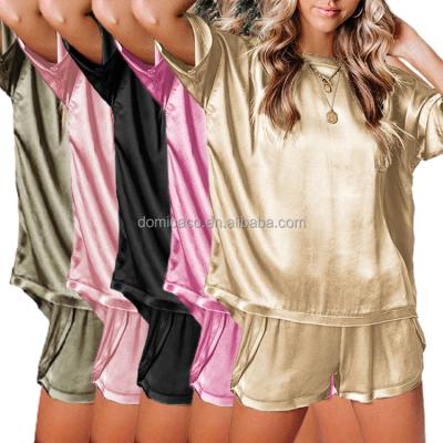 China Designers Breathable Women Summer Round Collar Pajamas Set Pure Color Satin Plus Size Women Sleepwear for sale