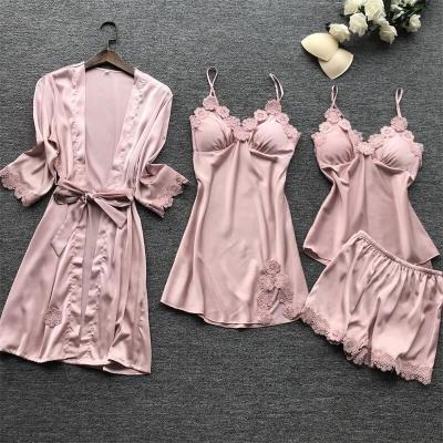 China Breathable Hot Selling Women Sexy 4 Pieces Pajama Set Lace Silk Sleepwear With Breast Pad Satin Long Robe for sale