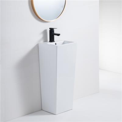 China Square White Square Ceramic Pedestal Sink Solid Outdoor Bathroom Pedestal Hand Basin Modern European Freestanding One Piece for sale