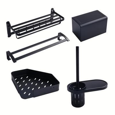 China Sustainable Wholesale Modern Hotel Towel Bar Wall Mount 5 Piece Stainless Steel Hardware Set Matte Black Bathroom Accessories Set for sale