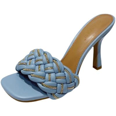 China Fashion Trend 102120iHeeled Shoes Women Fashion Slippers High Heel Metal Weave Metal Chain Design Square Main Slide Sandals For Ladies Outdoor Wear for sale