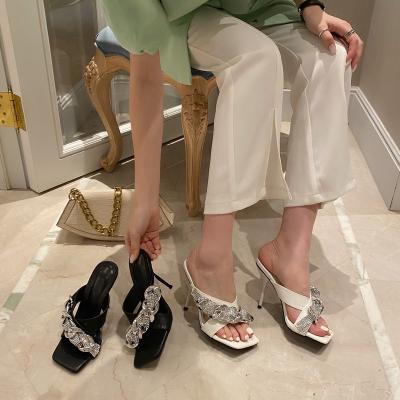 China Fashion trend 112736iHeeled shoes women 2021new morden female slippers metal chain decoration stiletto heel slides high slippers in stock for sale